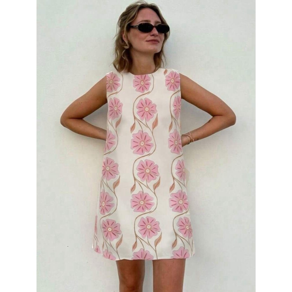 Pink White Floral Sleeveless Shift Dress Sz Small Retro Coquette Cottagecore